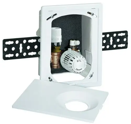 Multibox zur Installation von Heizungssteuerelementen, mit integrierten Ventilen. Das Produkt ist für den Wandaufbau geeignet und wird von IMI Hydronic Engineering angeboten.